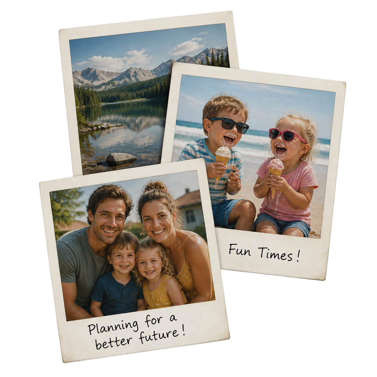 Stacked polaroid photos — a family with the handwritten note 'Planning for a better future!' and two children on the beach eating ice creams with the handwritten note 'Fun Times!'